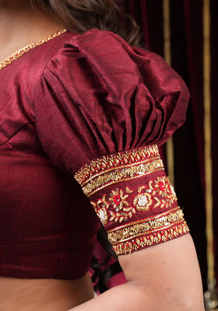 Maroon Pure Raw Silk Blouse with Hand Zardosi detailing and Puff Sleeves, Made to Order