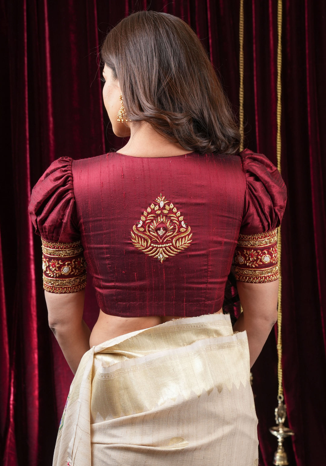 Maroon Pure Raw Silk Blouse with Hand Zardosi detailing and Puff Sleeves, Made to Order