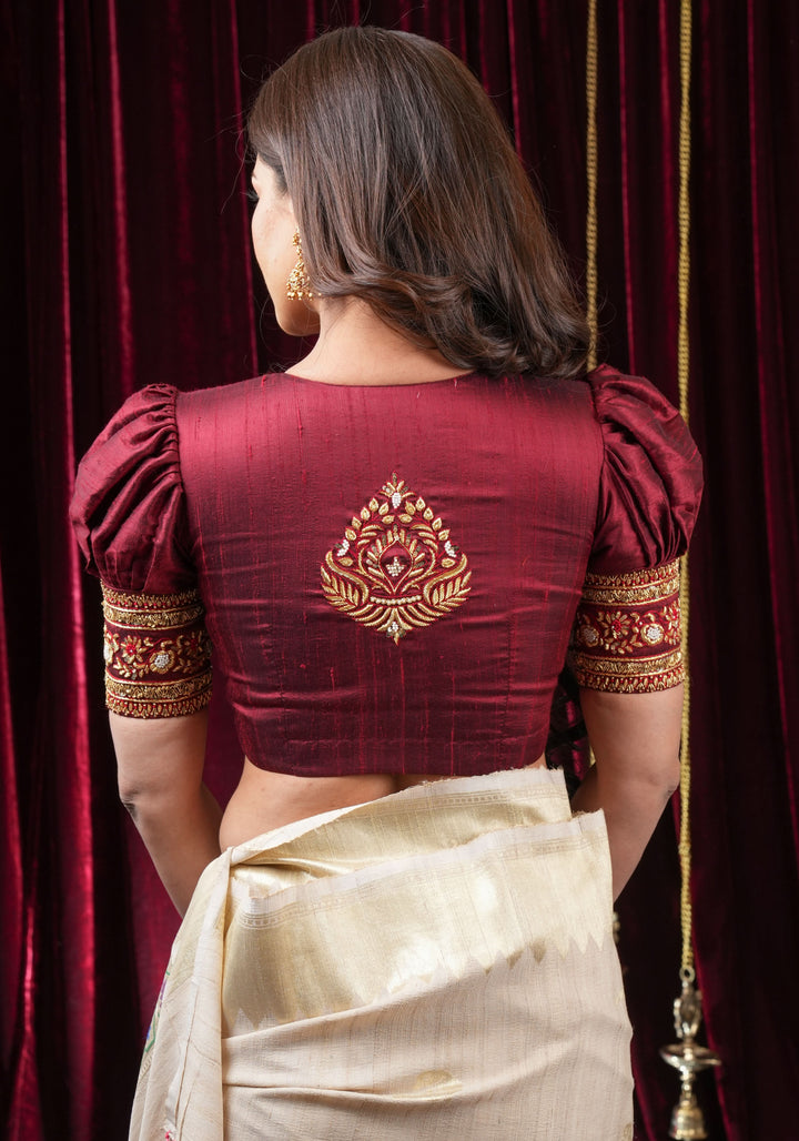 Maroon Pure Raw Silk Blouse with Hand Zardosi detailing and Puff Sleeves, Made to Order