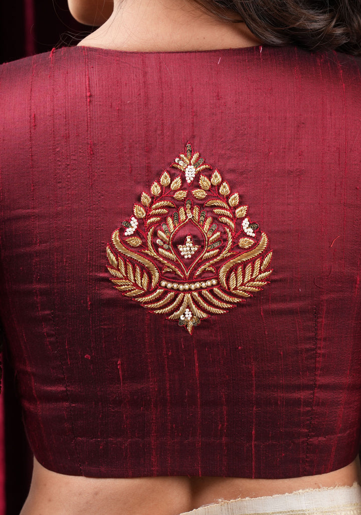 Maroon Pure Raw Silk Blouse with Hand Zardosi detailing and Puff Sleeves, Made to Order
