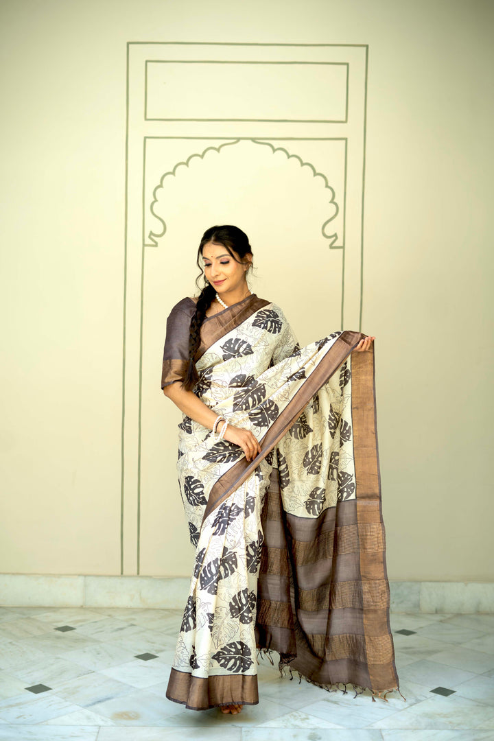 Natural Color Pure Handloom Jari Tussar Silk Saree with Handblock Print and Zari Border | SILK MARK CERTIFIED