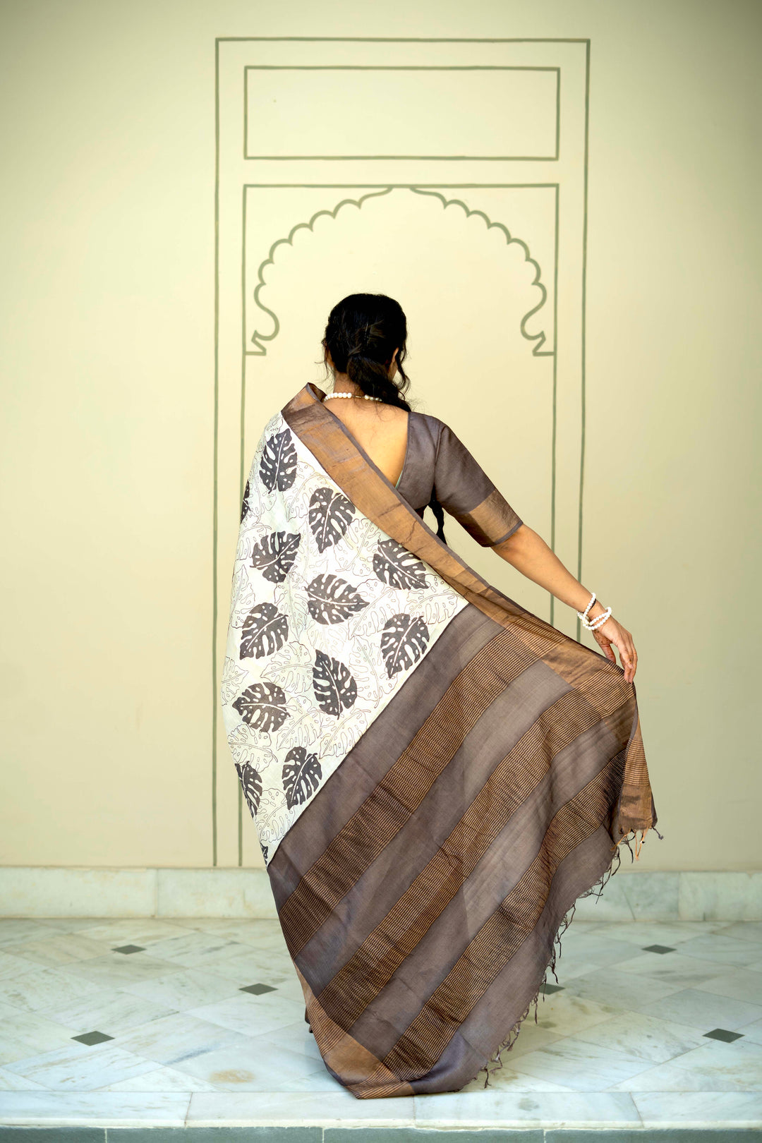 Natural Color Pure Handloom Jari Tussar Silk Saree with Handblock Print and Zari Border | SILK MARK CERTIFIED