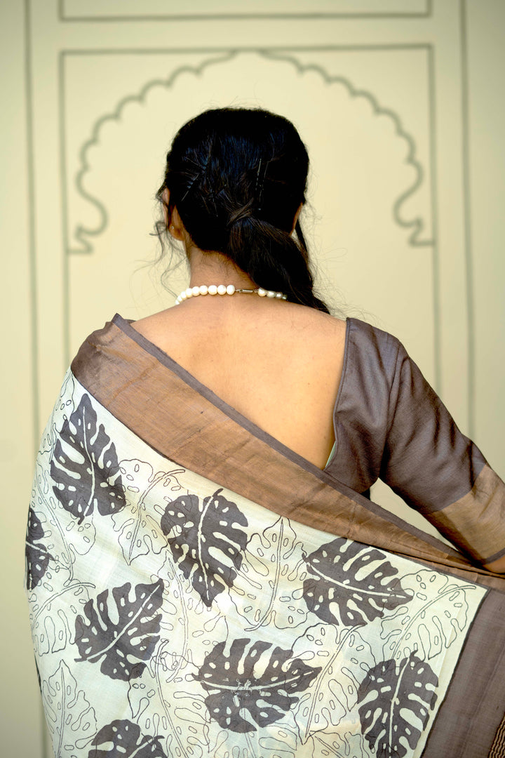 Natural Color Pure Handloom Jari Tussar Silk Saree with Handblock Print and Zari Border | SILK MARK CERTIFIED