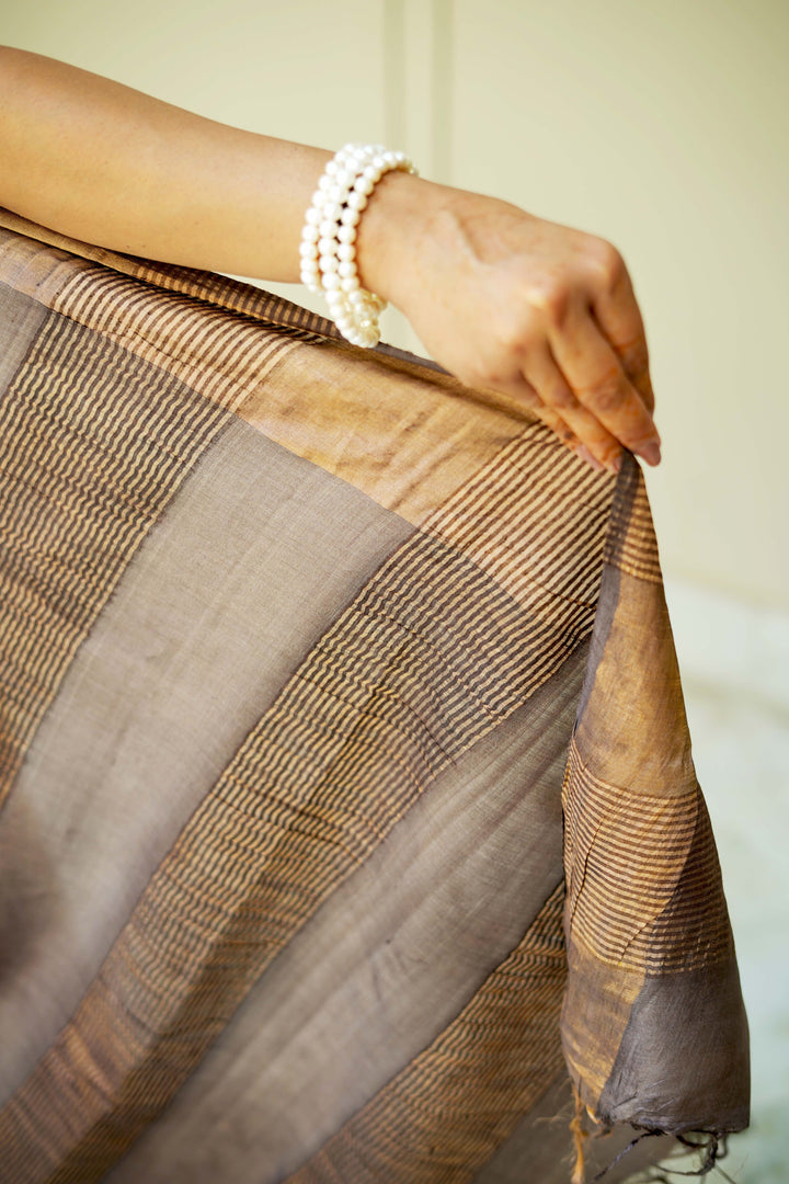 Natural Color Pure Handloom Jari Tussar Silk Saree with Handblock Print and Zari Border | SILK MARK CERTIFIED