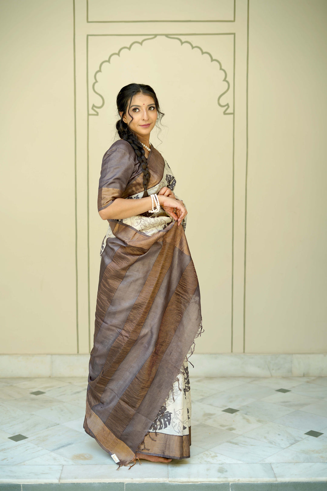 Natural Color Pure Handloom Jari Tussar Silk Saree with Handblock Print and Zari Border | SILK MARK CERTIFIED