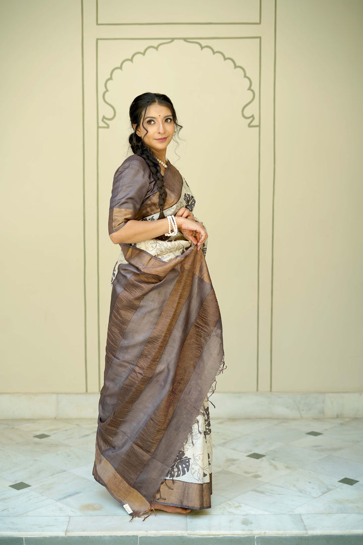 Natural Color Pure Handloom Jari Tussar Silk Saree with Handblock Print and Zari Border | SILK MARK CERTIFIED