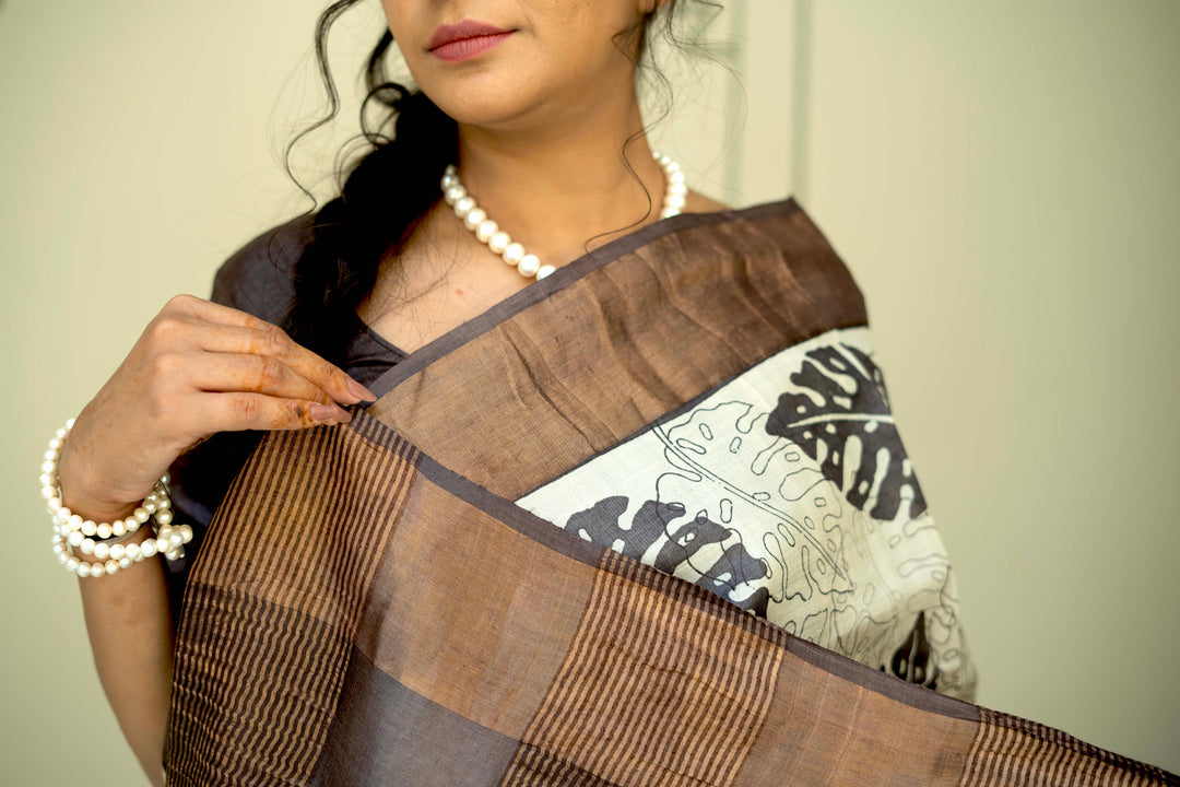 Natural Color Pure Handloom Jari Tussar Silk Saree with Handblock Print and Zari Border | SILK MARK CERTIFIED