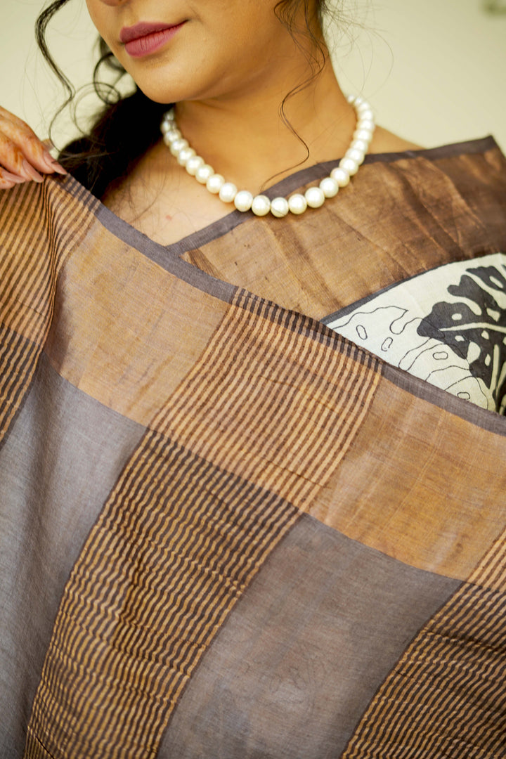 Natural Color Pure Handloom Jari Tussar Silk Saree with Handblock Print and Zari Border | SILK MARK CERTIFIED