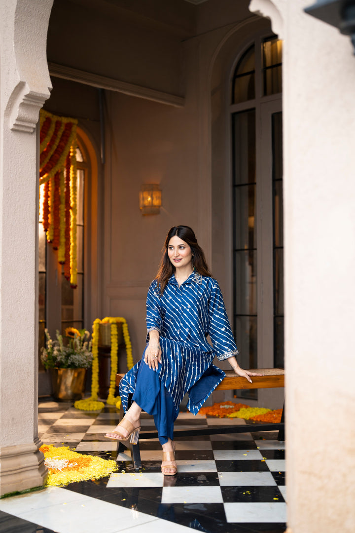 Blue Lehariya Gota Work Collared Kurta Set- SET OF-2 | SHOBITAM