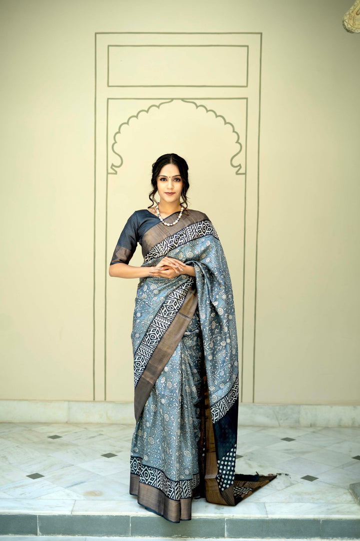 Gray Pure Jari Tussar Silk Saree with Floral Handblock Print and Zari Border | SILK MARK CERTIFIED