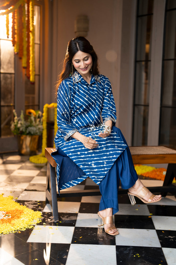 Blue Lehariya Gota Work Collared Kurta Set- SET OF-2 | SHOBITAM