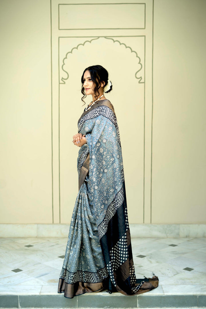 Gray Pure Jari Tussar Silk Saree with Floral Handblock Print and Zari Border | SILK MARK CERTIFIED