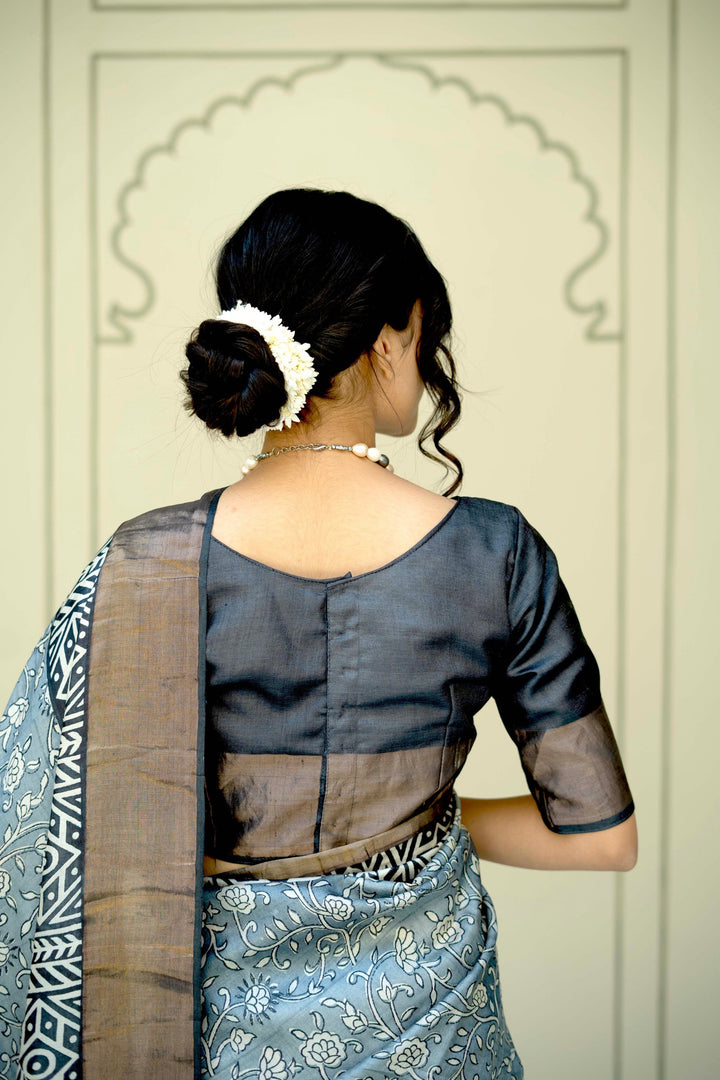 Gray Pure Jari Tussar Silk Saree with Floral Handblock Print and Zari Border | SILK MARK CERTIFIED