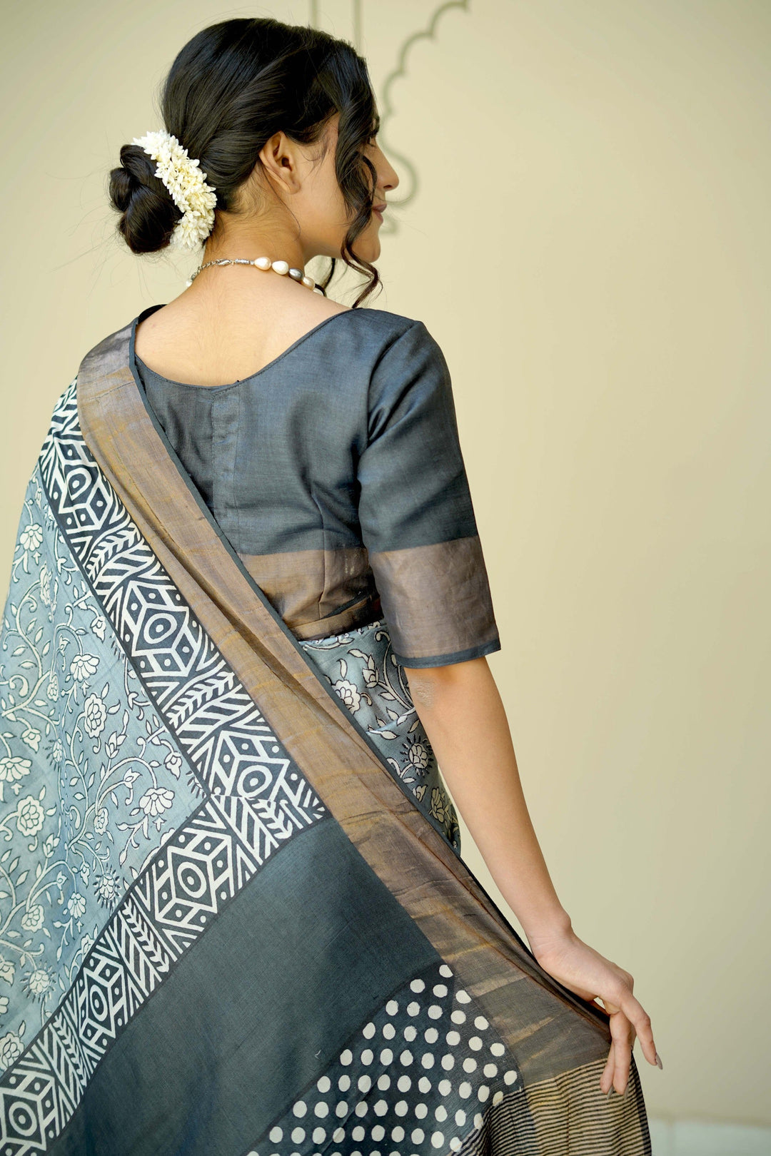 Gray Pure Jari Tussar Silk Saree with Floral Handblock Print and Zari Border | SILK MARK CERTIFIED