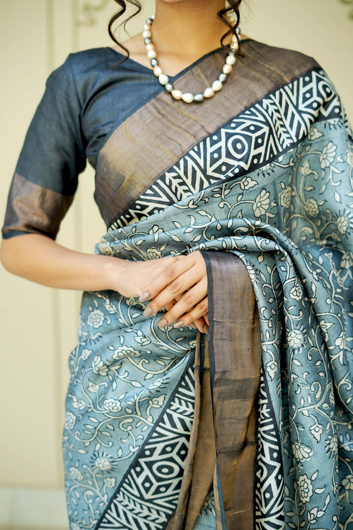 Gray Pure Jari Tussar Silk Saree with Floral Handblock Print and Zari Border | SILK MARK CERTIFIED
