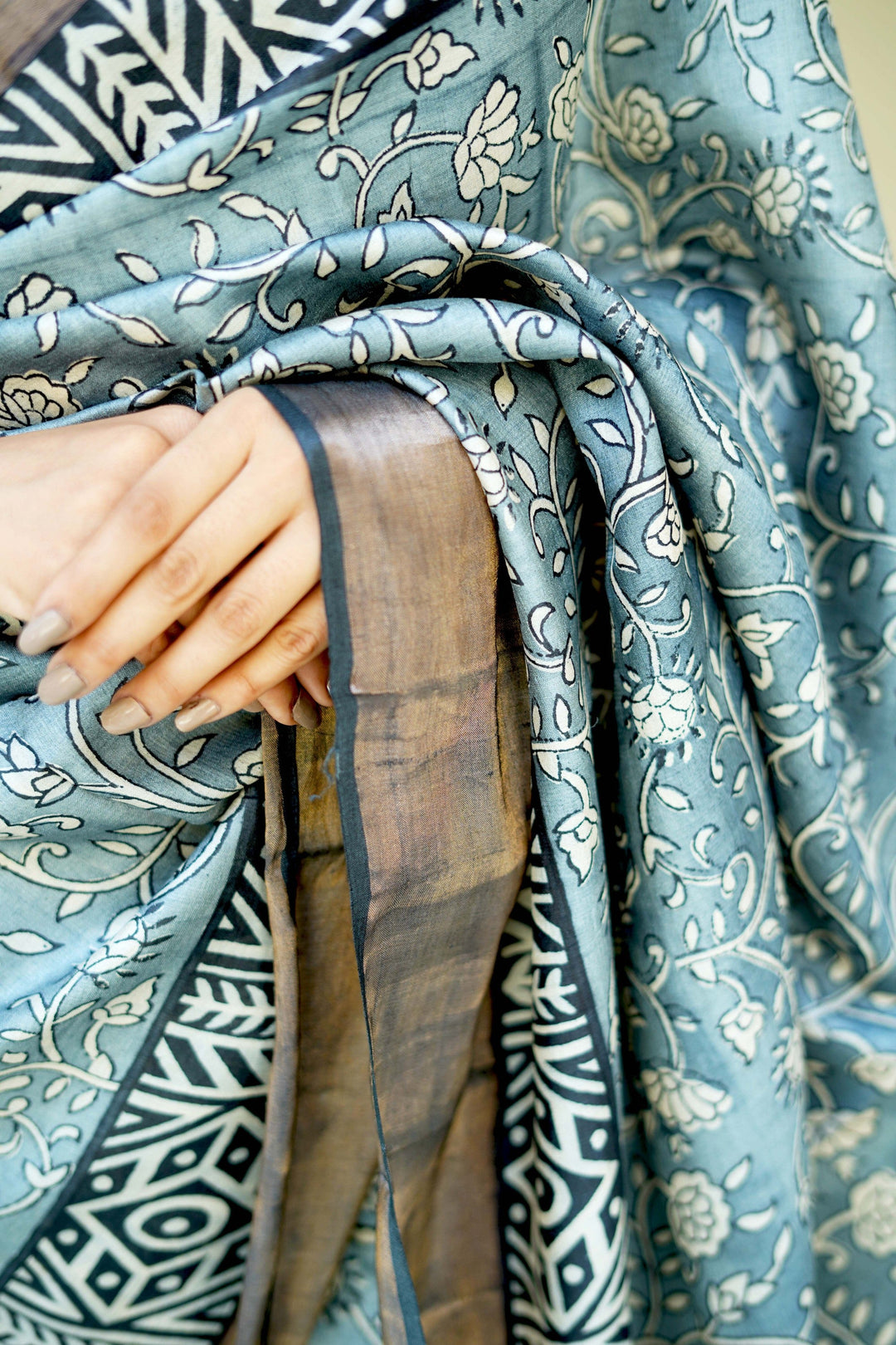 Gray Pure Jari Tussar Silk Saree with Floral Handblock Print and Zari Border | SILK MARK CERTIFIED