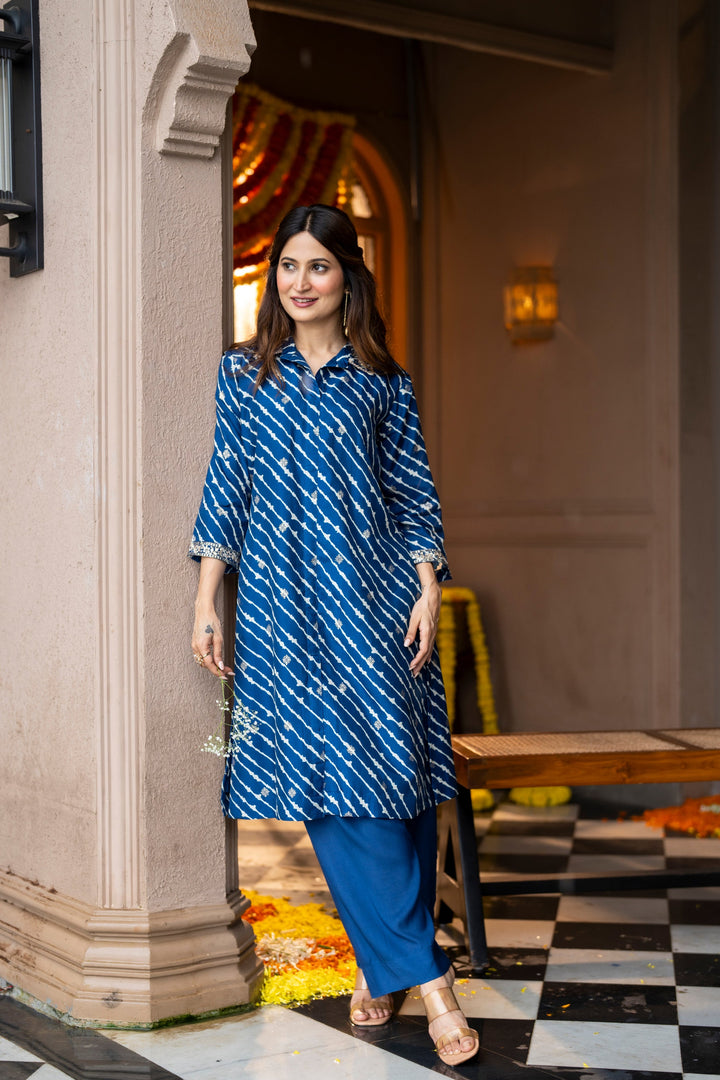 Blue Lehariya Gota Work Collared Kurta Set- SET OF-2 | SHOBITAM