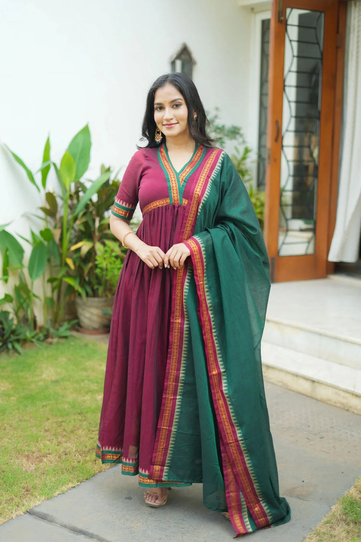Avanti Maroon with Green Anarkali Kurta Set Without dupatta| Made To Order