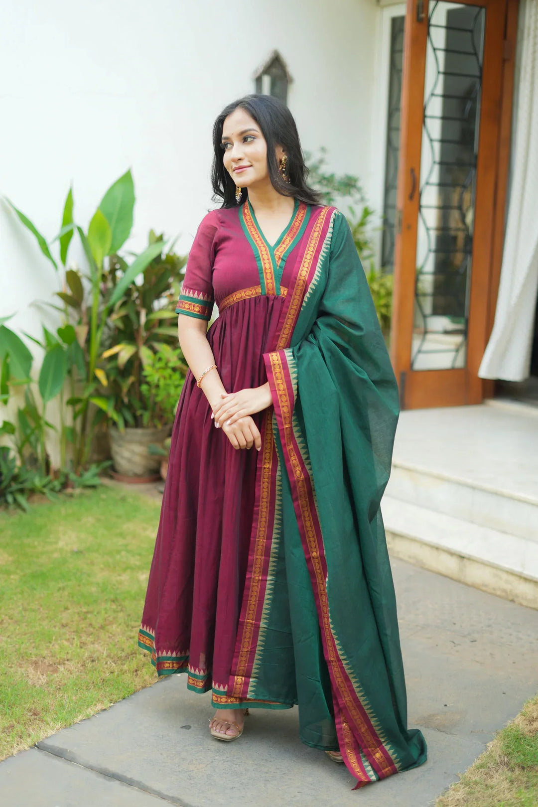 Avanti Maroon with Green Anarkali Kurta Set Without dupatta| Made To Order