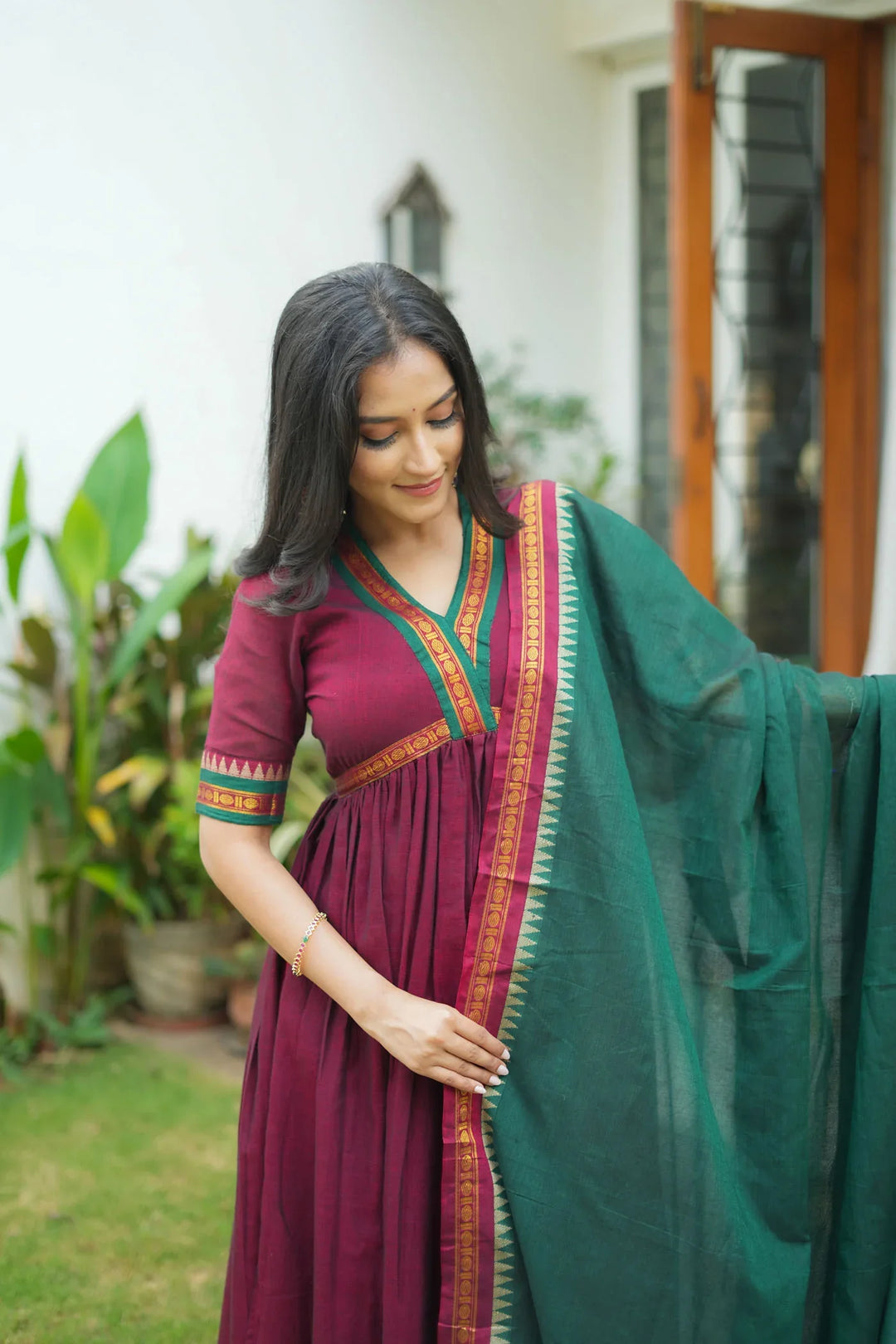 Avanti Maroon with Green Anarkali Kurta Set Without dupatta| Made To Order