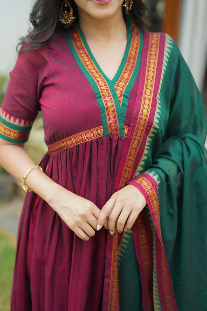 Avanti Maroon with Green Anarkali Kurta Set Without dupatta| Made To Order