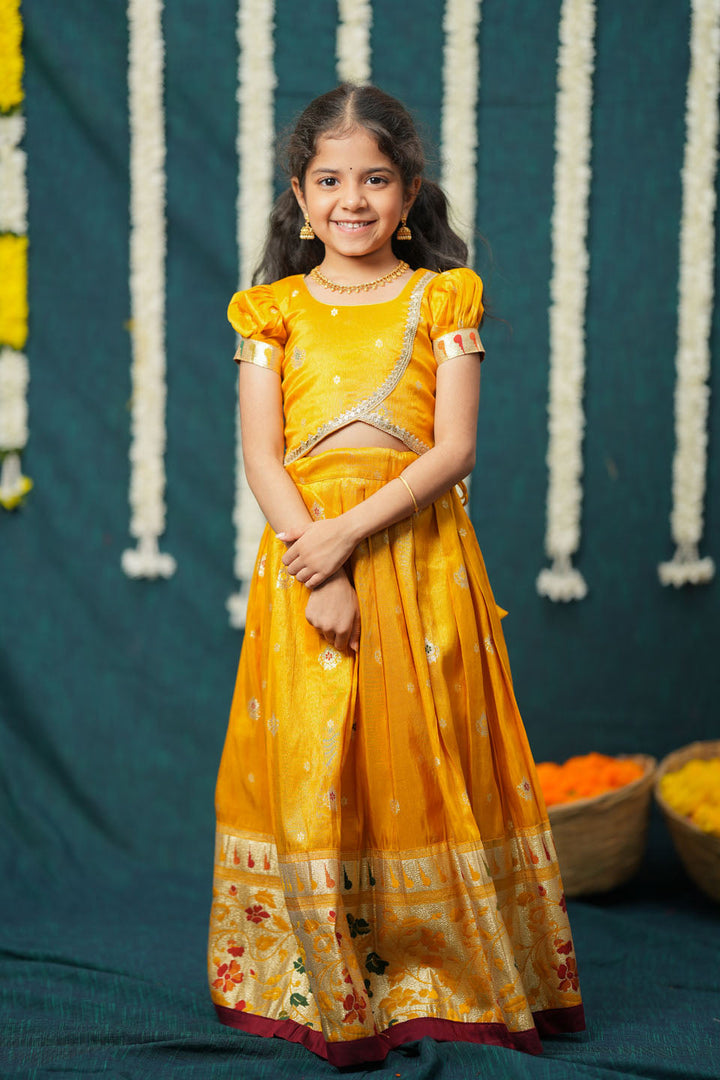 Maithiri yellow Silk Kids Lehenga Set mini | SHOBITAM