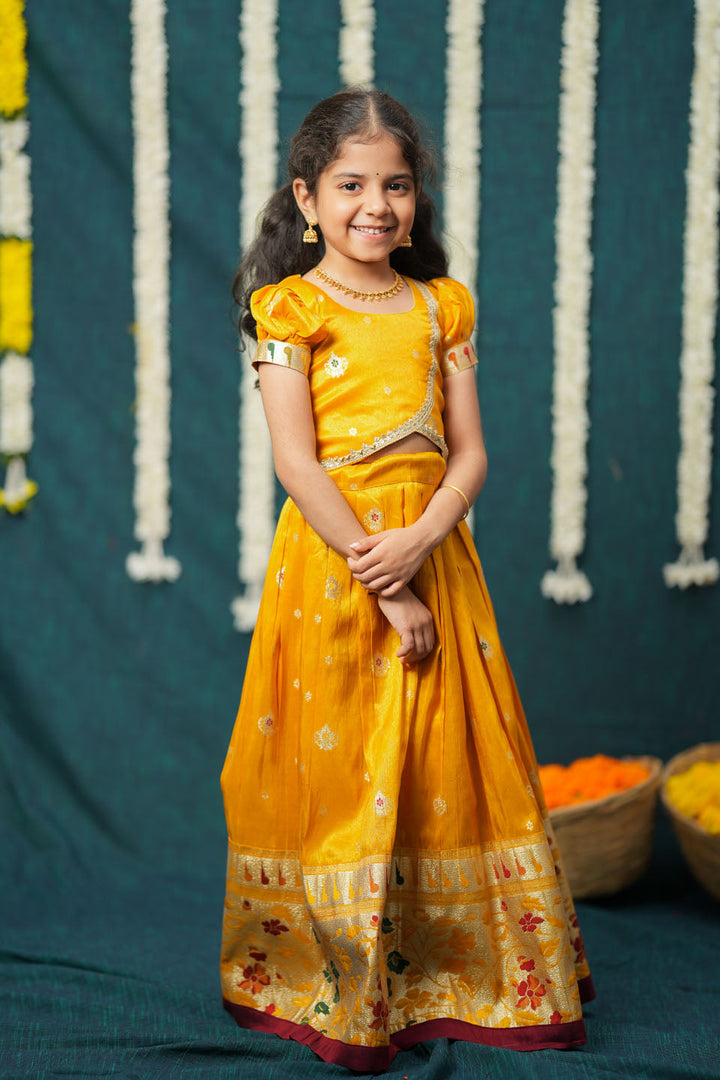 Maithiri yellow Silk Kids Lehenga Set mini | SHOBITAM