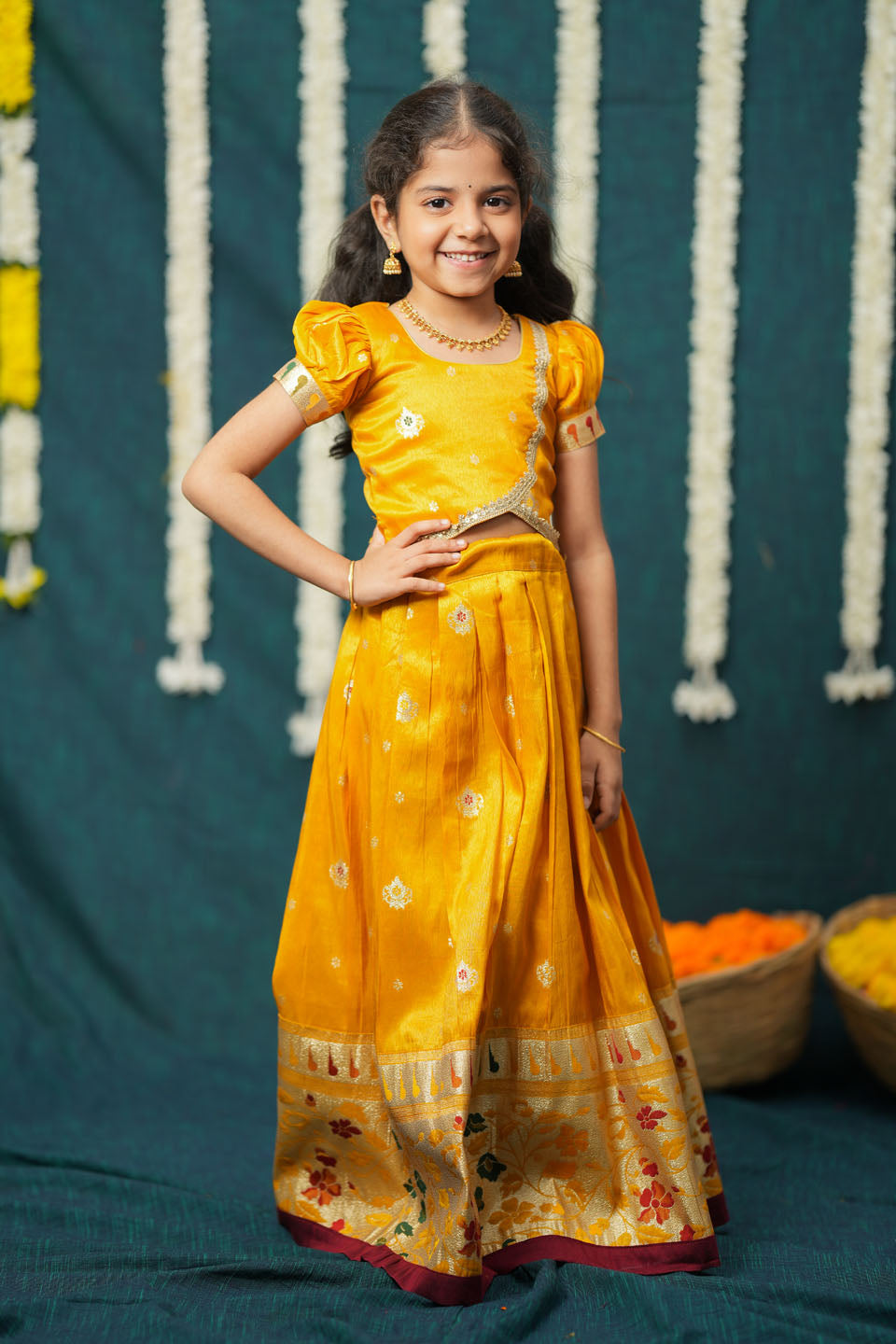 Maithiri yellow Silk Kids Lehenga Set mini | SHOBITAM