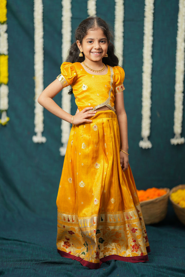 Maithiri yellow Silk Kids Lehenga Set mini | SHOBITAM