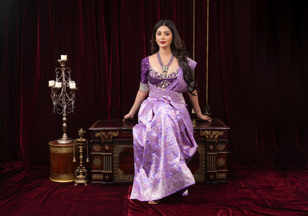 Lilac Meenakari Banarasi Pure Silk saree with Patola Design| SILK MARK CERTIFIED