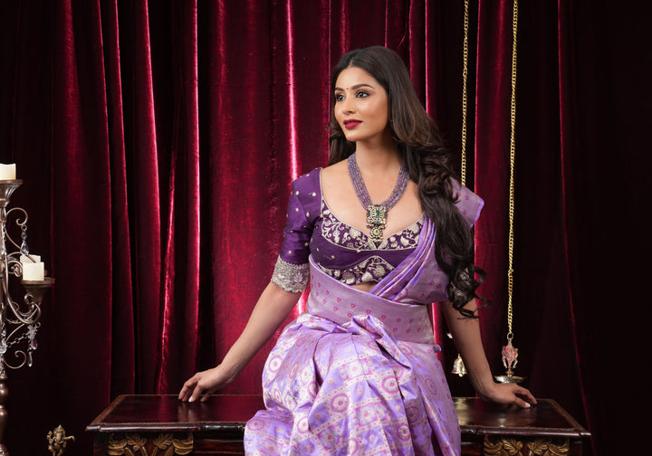 Lilac Meenakari Banarasi Pure Silk saree with Patola Design| SILK MARK CERTIFIED