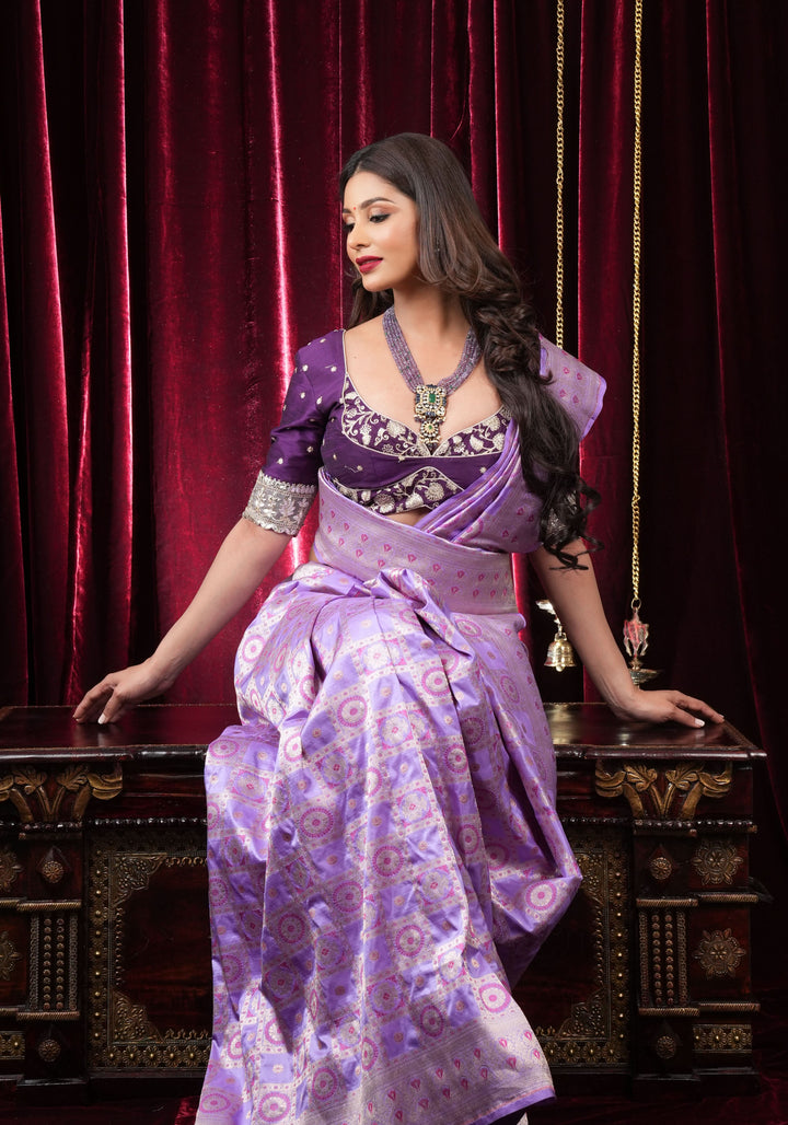 Lilac Meenakari Banarasi Pure Silk saree with Patola Design| SILK MARK CERTIFIED