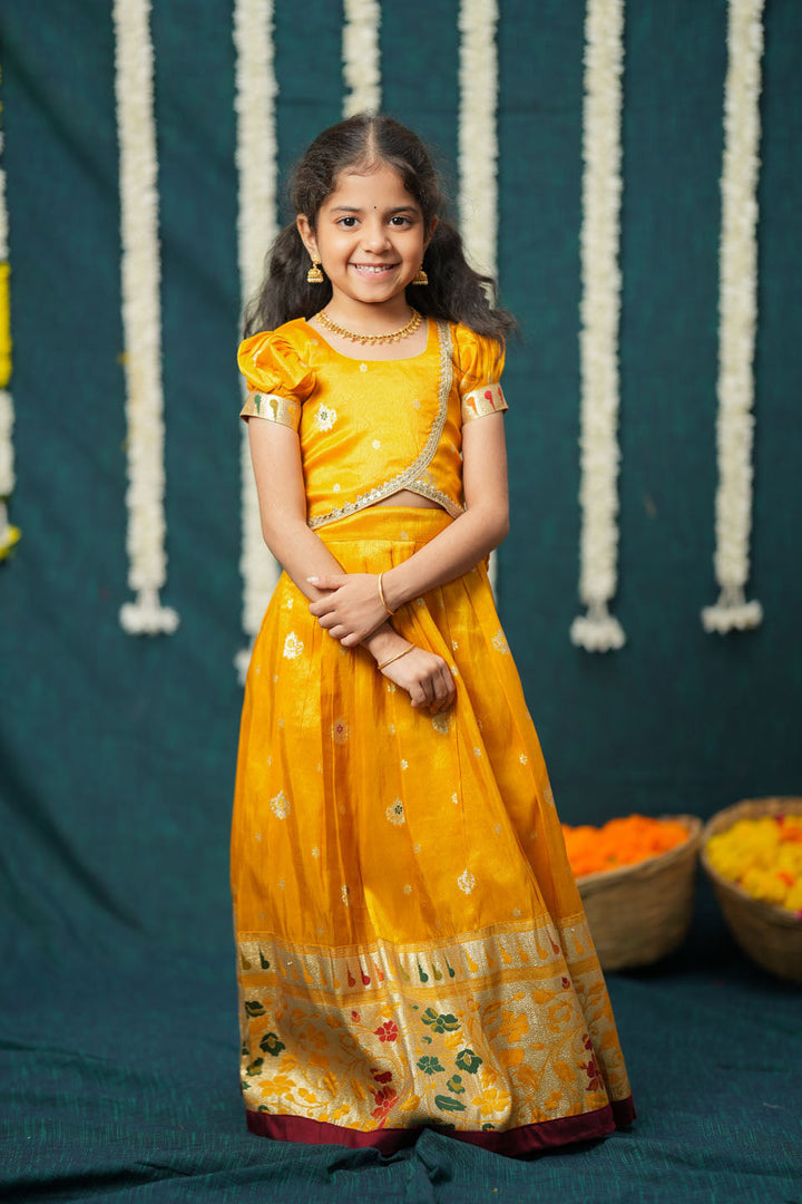 Maithiri yellow Silk Kids Lehenga Set mini | SHOBITAM