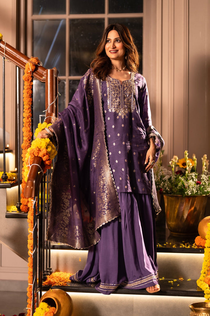 Purple Banarasi with Gota Work Sharara Set - SET OF-3 | SHOBITAM