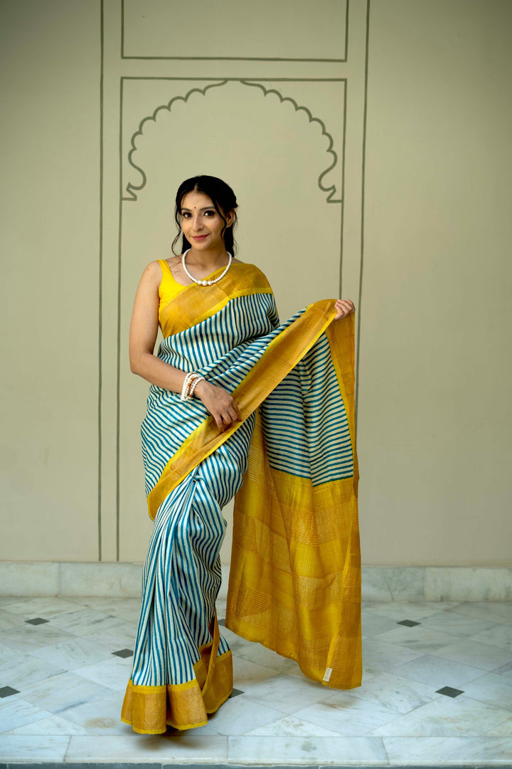 Beige-Blue Jari Tussar Silk Saree with Handblock Stripes and Zari Border | SILK MARK CERTIFIED