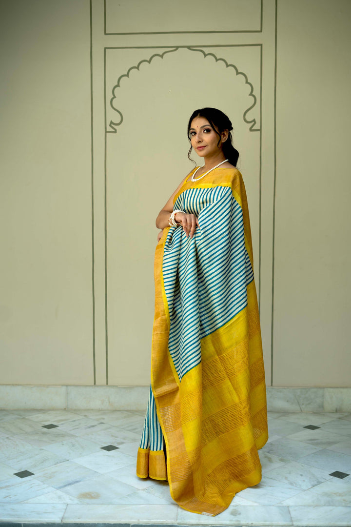 Beige-Blue Jari Tussar Silk Saree with Handblock Stripes and Zari Border | SILK MARK CERTIFIED