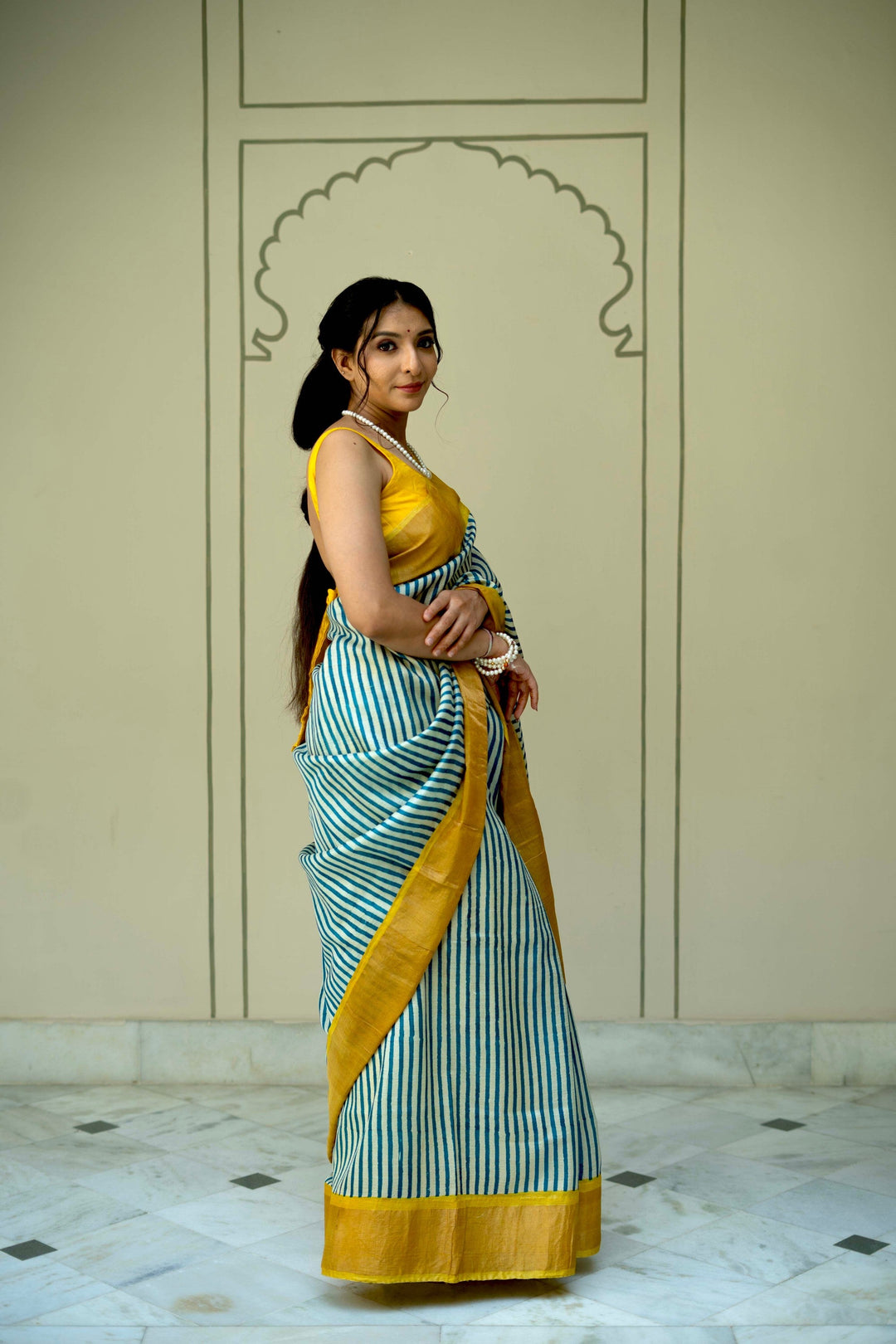 Beige-Blue Jari Tussar Silk Saree with Handblock Stripes and Zari Border | SILK MARK CERTIFIED