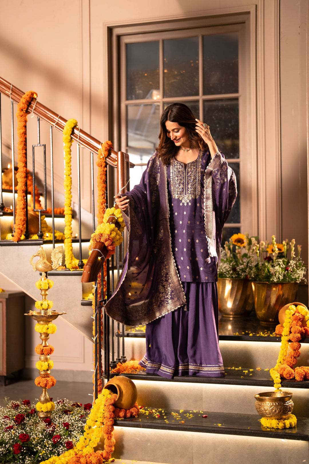 Purple Banarasi with Gota Work Sharara Set - SET OF-3 | SHOBITAM