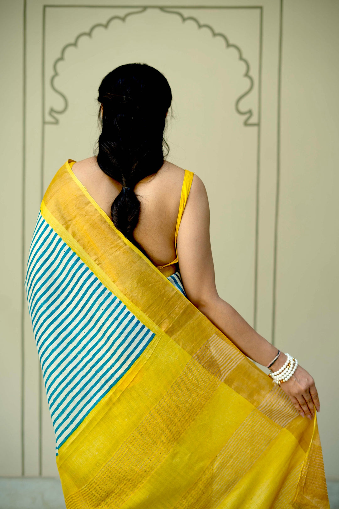 Beige-Blue Jari Tussar Silk Saree with Handblock Stripes and Zari Border | SILK MARK CERTIFIED