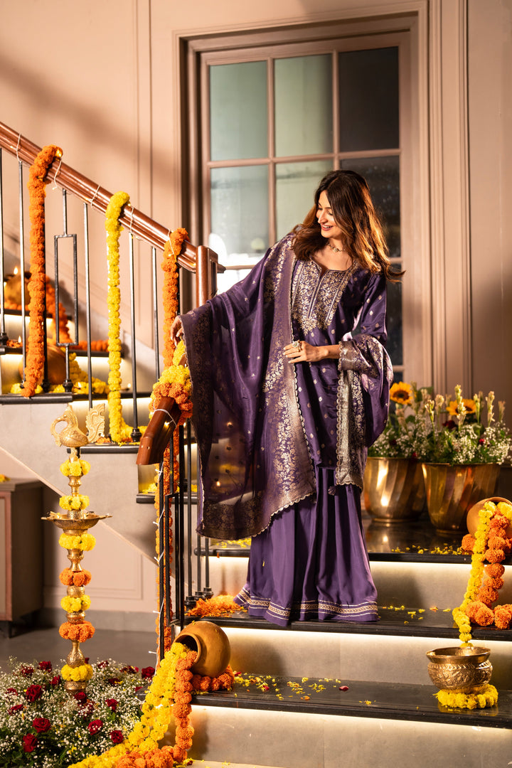 Purple Banarasi with Gota Work Sharara Set - SET OF-3 | SHOBITAM