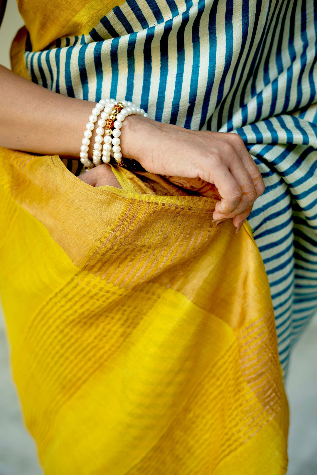 Beige-Blue Jari Tussar Silk Saree with Handblock Stripes and Zari Border | SILK MARK CERTIFIED