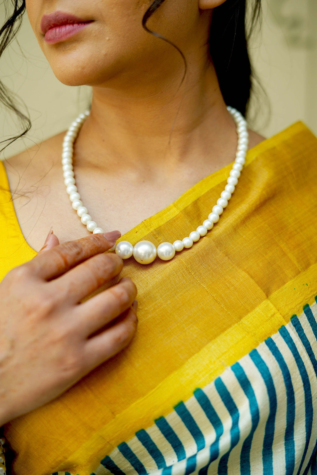 Beige-Blue Jari Tussar Silk Saree with Handblock Stripes and Zari Border | SILK MARK CERTIFIED