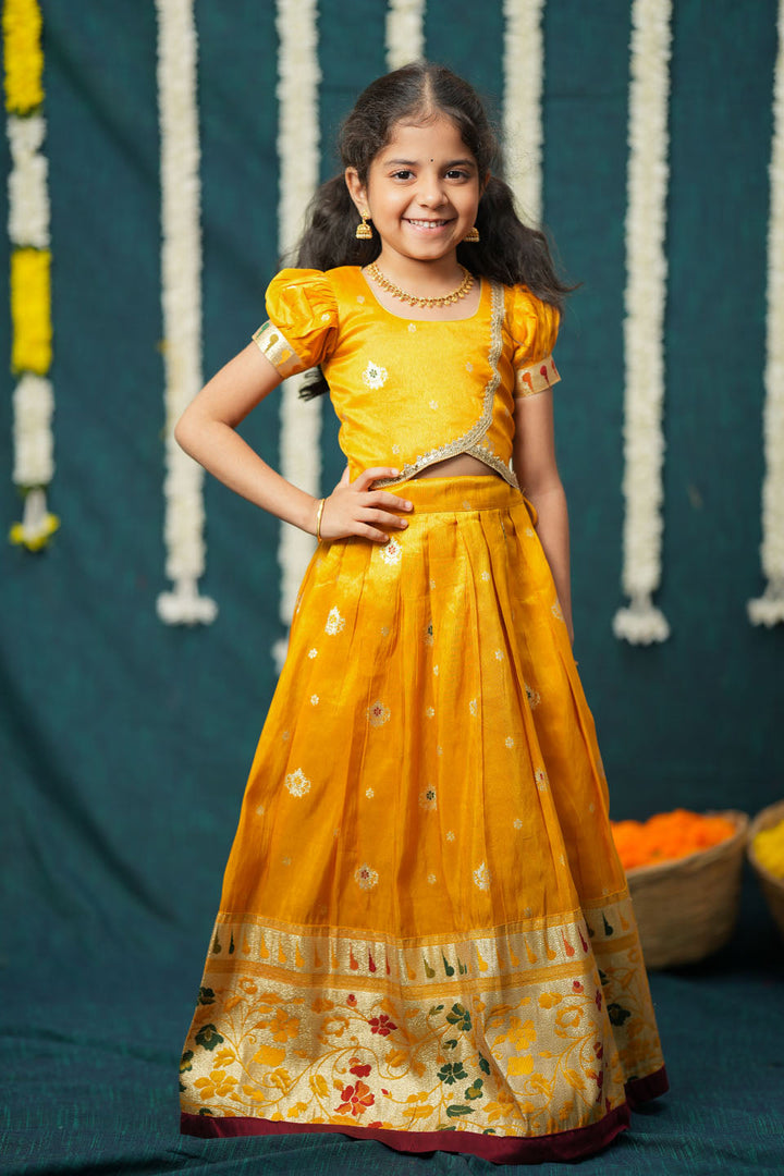 Maithiri yellow Silk Kids Lehenga Set mini | SHOBITAM