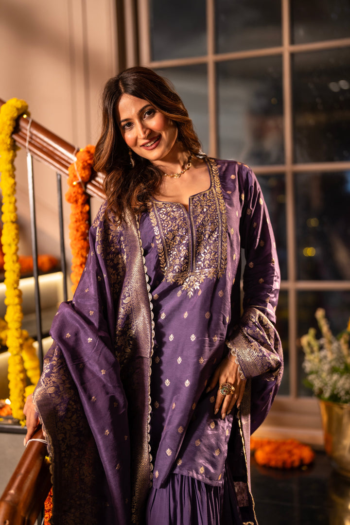Purple Banarasi with Gota Work Sharara Set - SET OF-3 | SHOBITAM