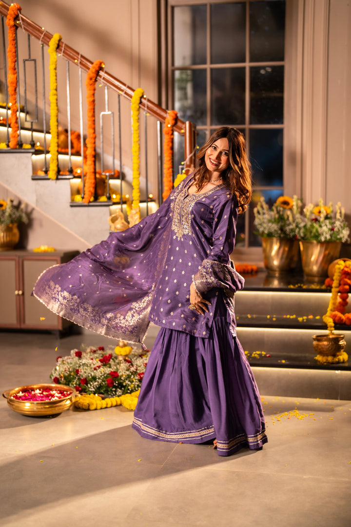 Purple Banarasi with Gota Work Sharara Set - SET OF-3 | SHOBITAM