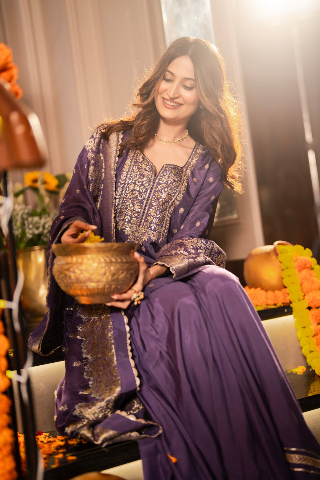 Purple Banarasi with Gota Work Sharara Set - SET OF-3 | SHOBITAM