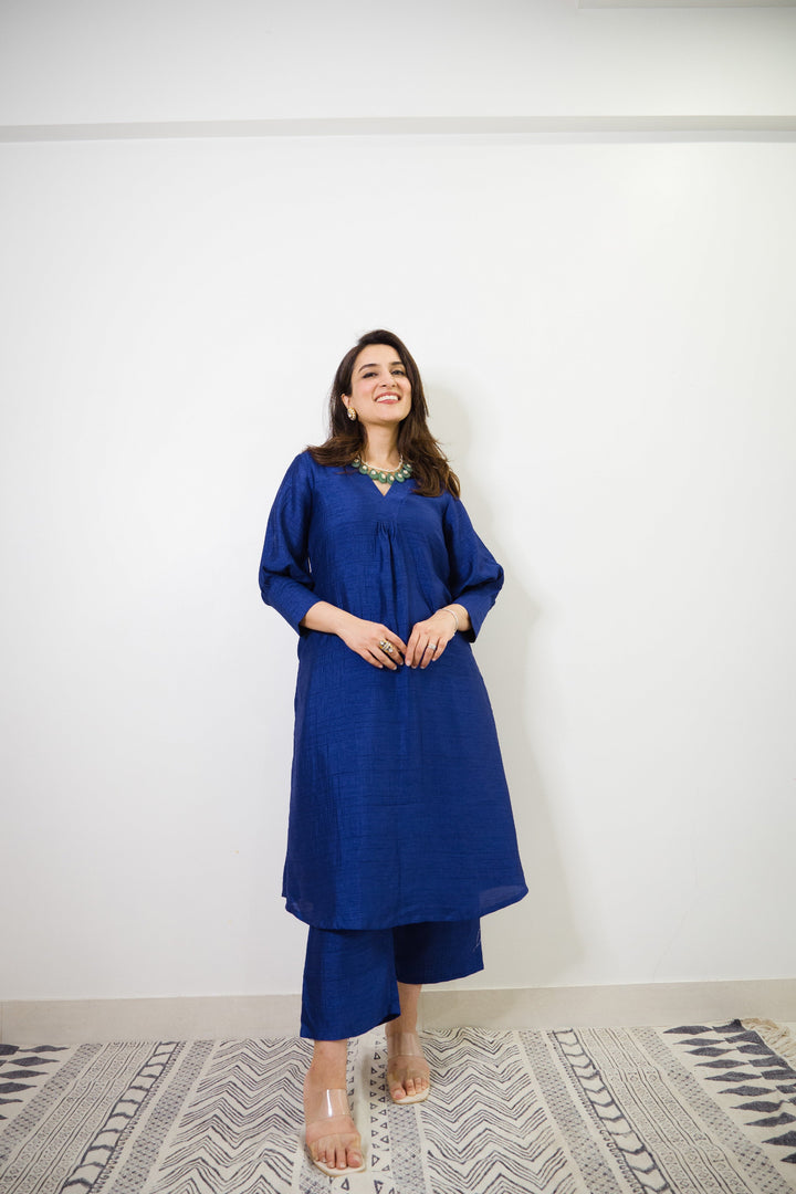 Blue Textured Silk Puff Sleeve Kurta Pant Set  | SHOBITAM