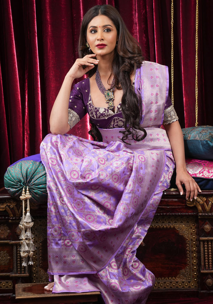 Lilac Meenakari Banarasi Pure Silk saree with Patola Design| SILK MARK CERTIFIED