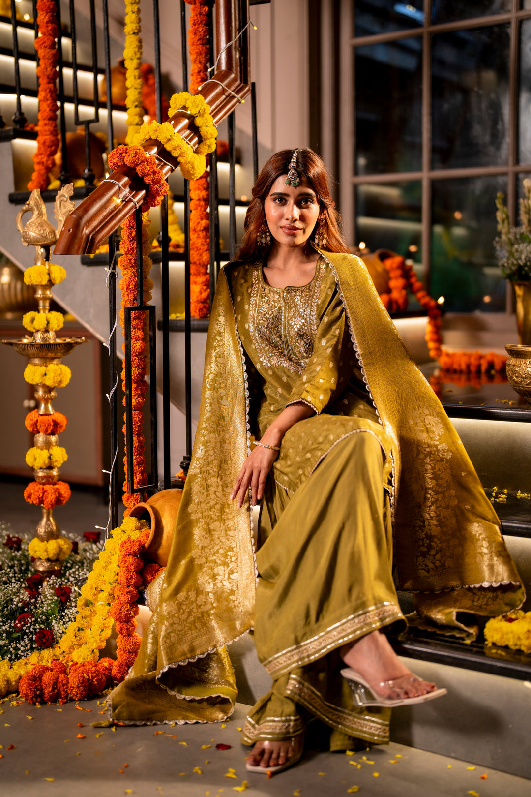 Mehendi Green Banarasi with Gota Work Sharara Set - SET OF-3 | SHOBITAM