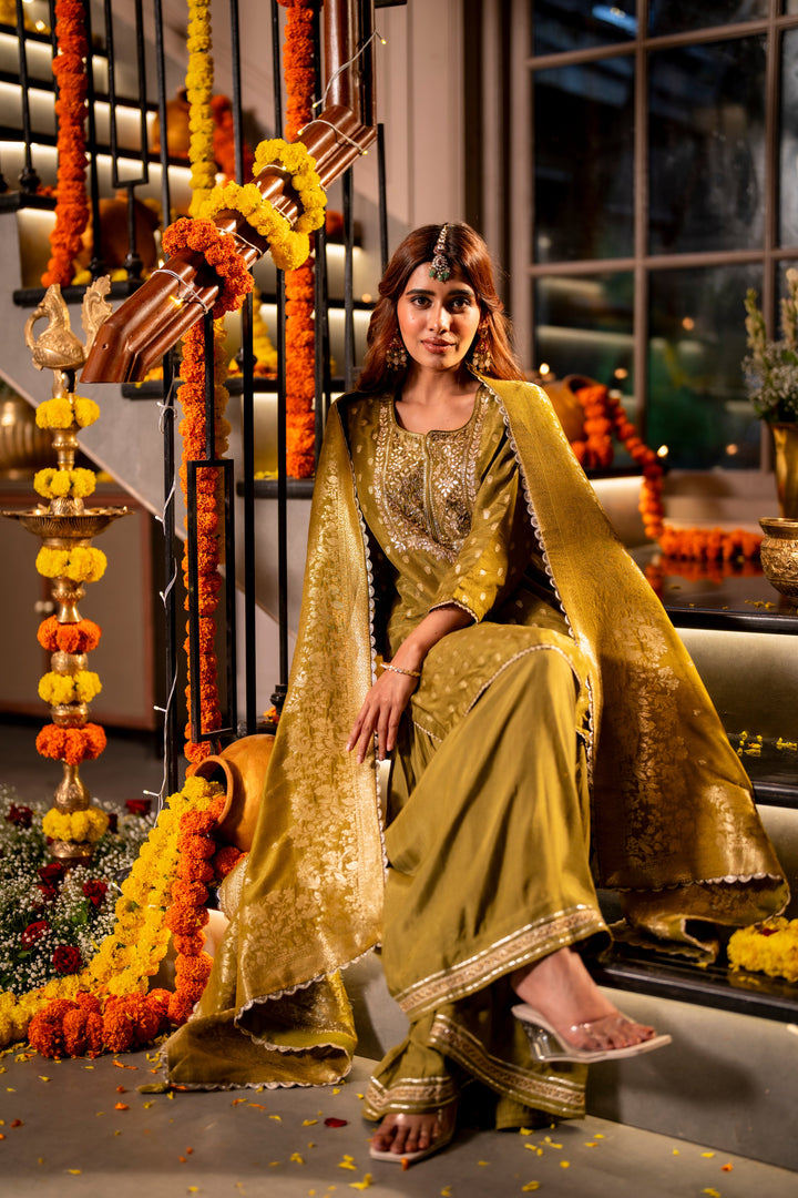 Mehendi Green Banarasi with Gota Work Sharara Set - SET OF-3 | SHOBITAM